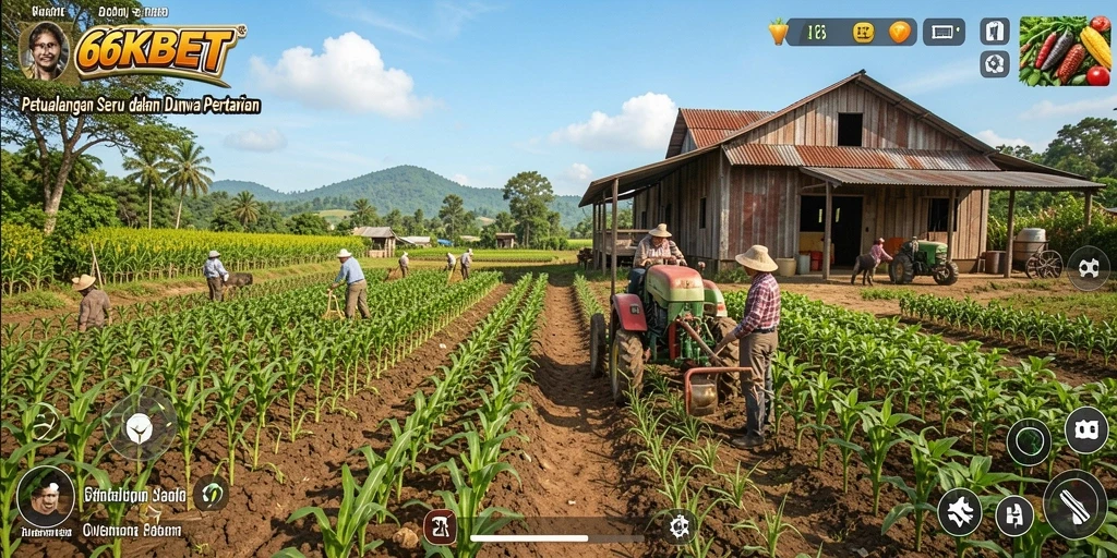 Screenshot gameplay 66KBET menampilkan ladang pertanian yang subur dan hewan ternak.