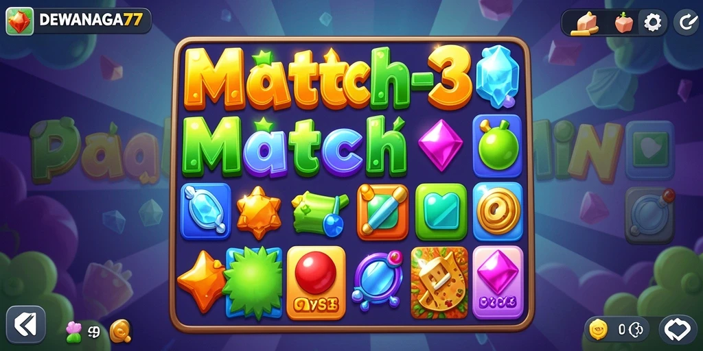 Screenshot permainan DEWANAGA77 dengan grafis Match-3 yang menarik.