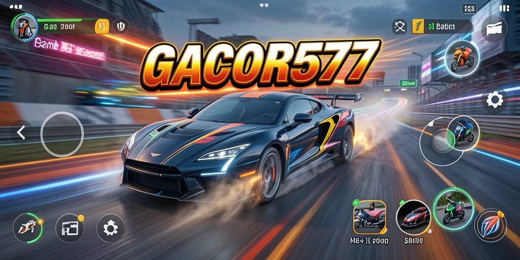 Gameplay seru GACOR577 dengan mobil balap yang melaju cepat.